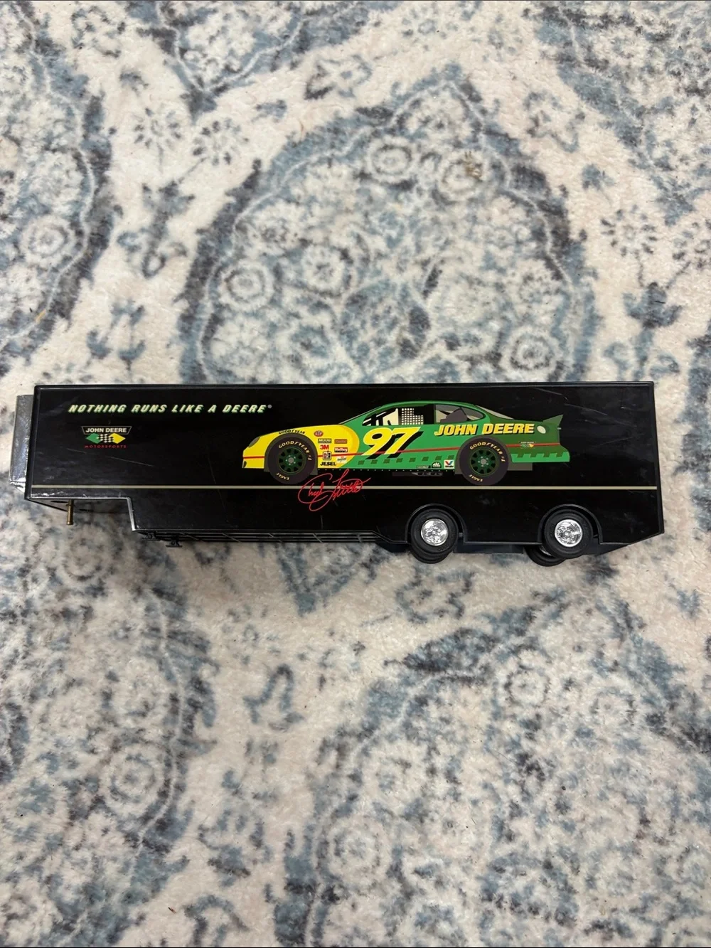 John Deere Black Toy Race Car Transporter with Green & Yellow Car Graphics